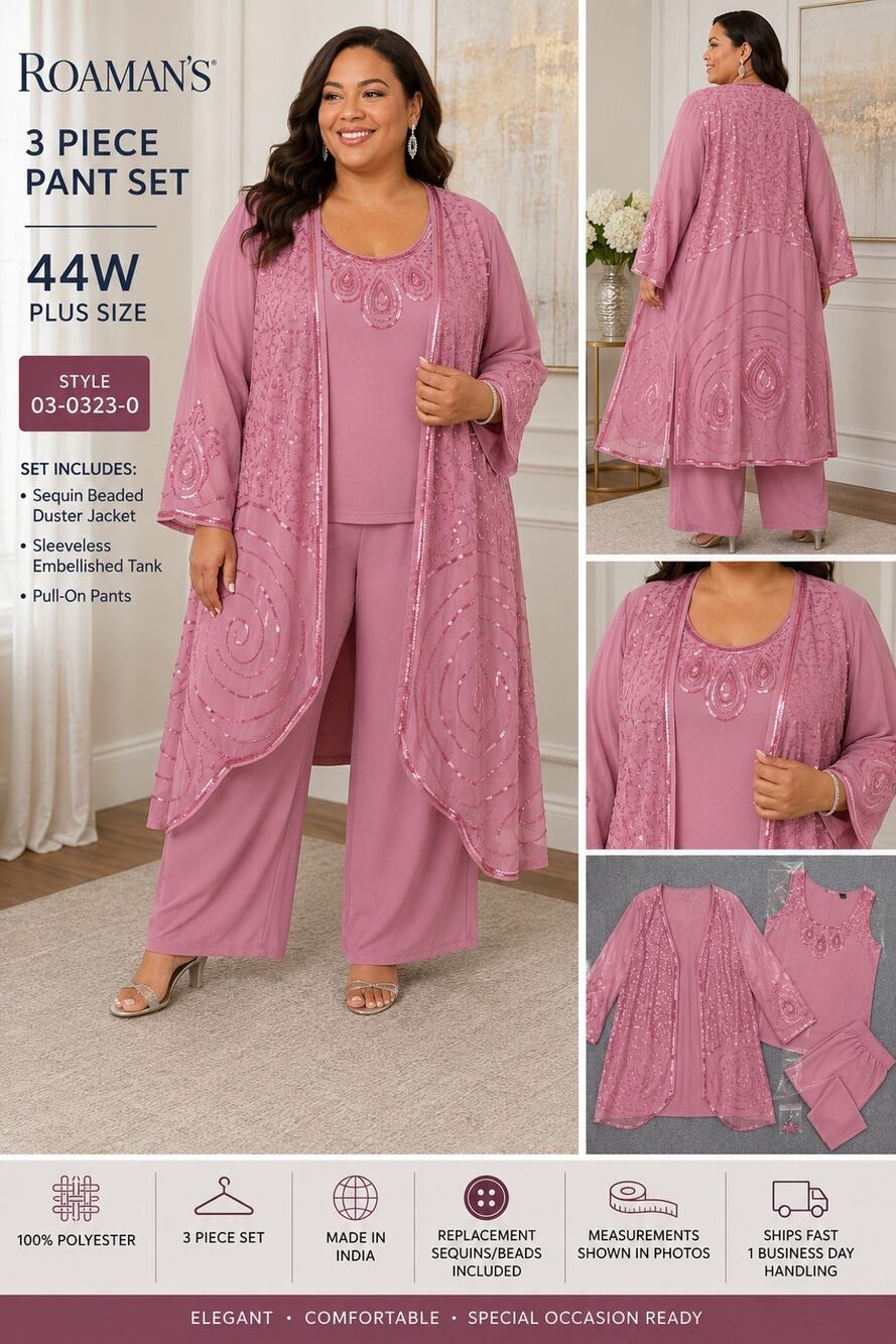 Roaman's Women 44W Mauve Pink 3PC Sequin Beaded Duster Pant Set Formal Plus Size